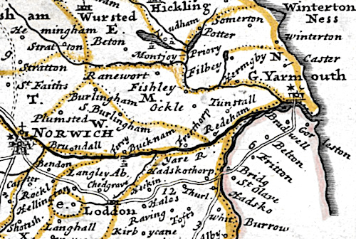Norwich to Yarmouth map, Herman Moll, 1724