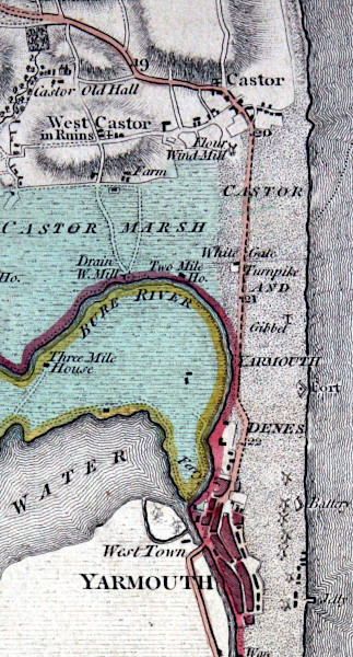 Caister to Yarmouth, William Faden's map of 1797